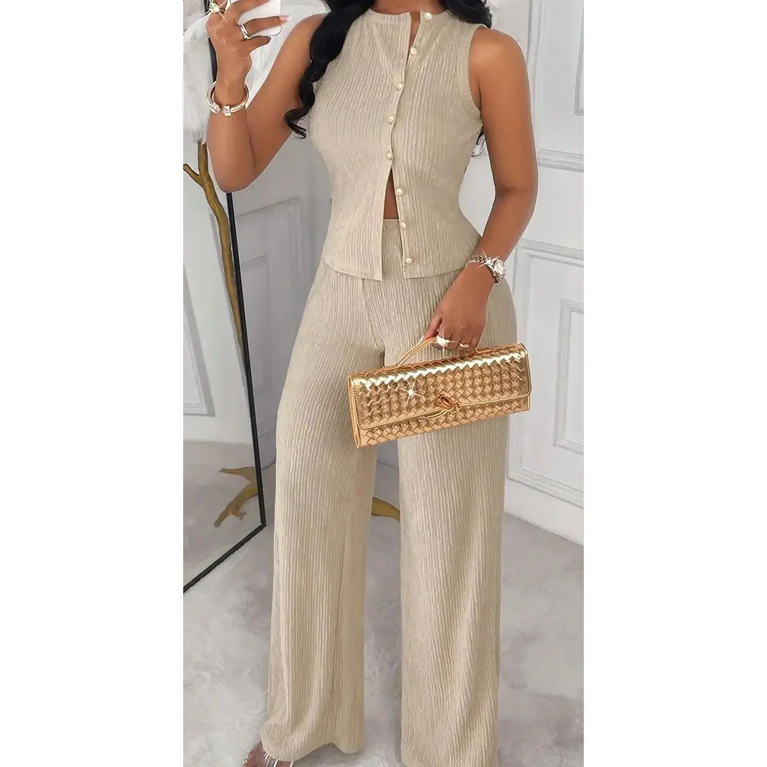 2-Piece Women's Textured Matching Set Suits, Sleeveless Crew Neck Button-Front Top + Wide-Leg Pants, Solid Beige Design, Chic Sophisticated Style Clothes