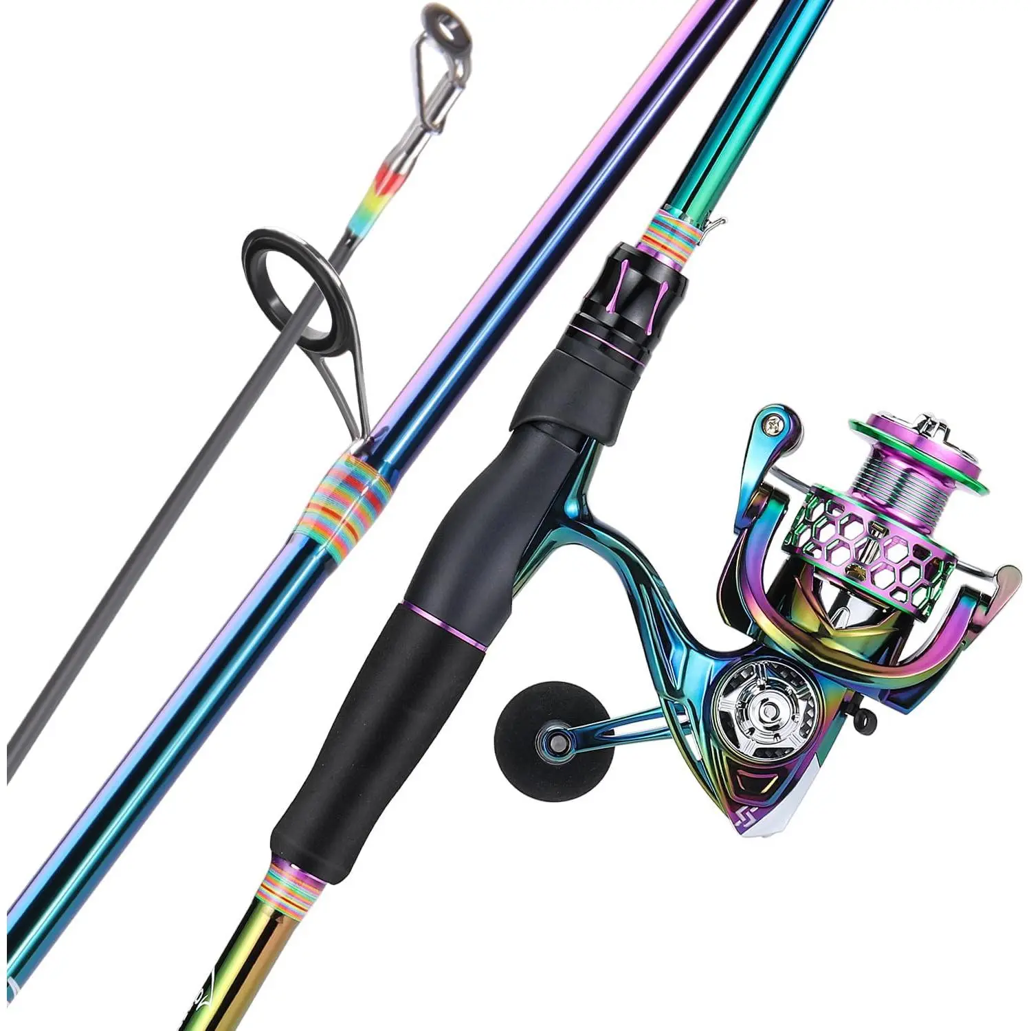 Spinning Fishing Reel Rod Combo, Two Pieces Colorful Poratble Light Weight Fishing Rod with Powerful Fishing Gear  Freshwater Saltwater