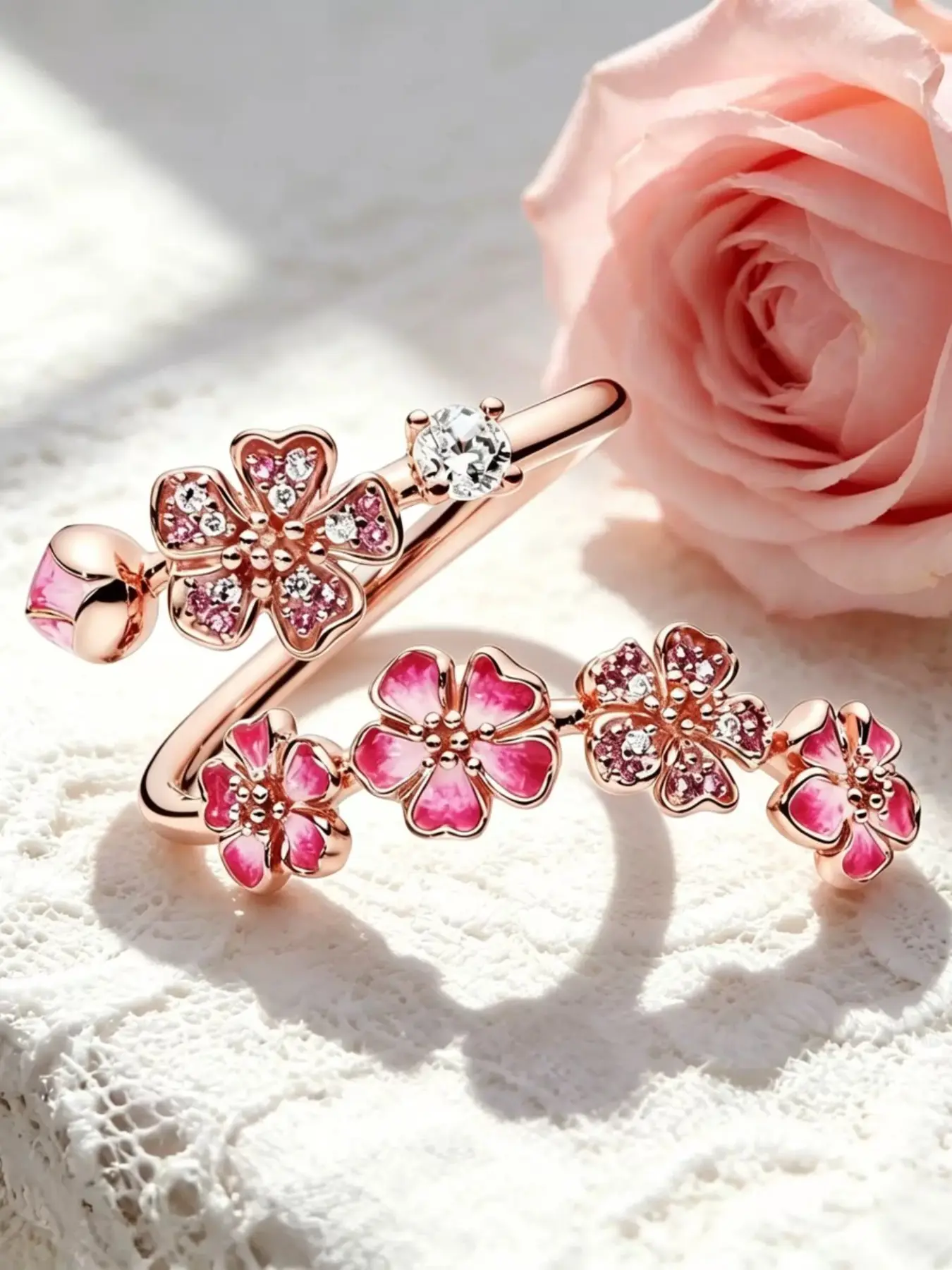 Women's Cherry Blossom Adjustable Ring, Floral Open Design, Sparkling Cubic Zirconia, Bridal Party Jewelry, Minimalist Daily Accessory, Birthday Gift