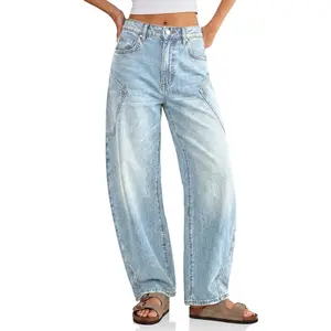 Flowyair Womens Baggy Barrel Jeans Raw High Waisted Wide Leg Denim Pants
