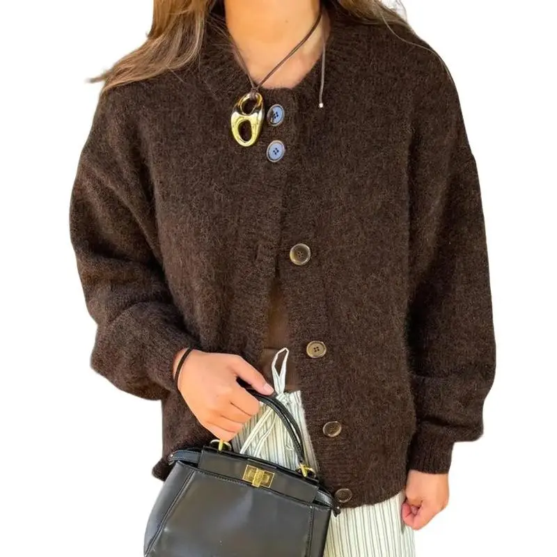 Women's Premium Vintage Brown Cardigan Sweater 2025 New Thick Soft Cozy Open Front Knit Elegant Solid Color V-Neck Sweater Front Chunky Cardigan