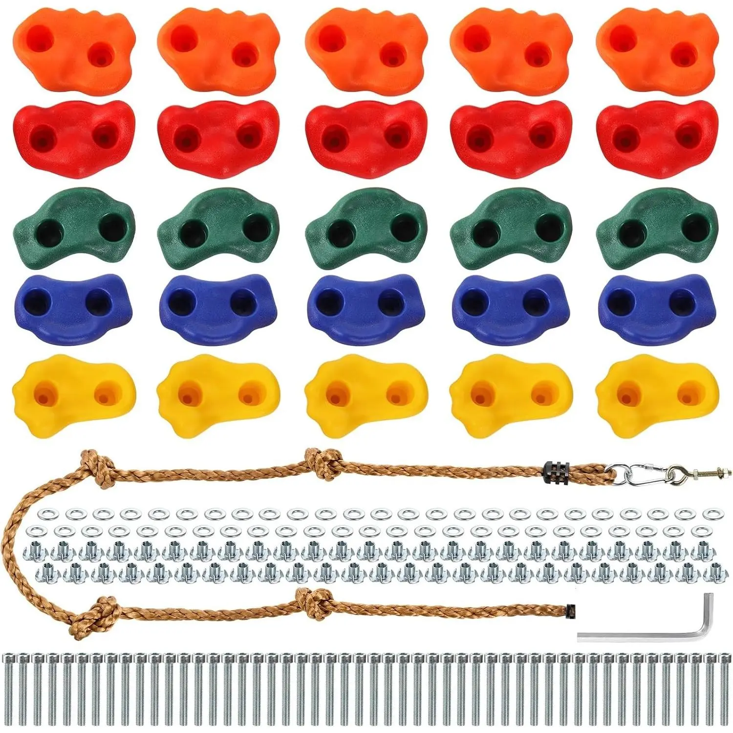 25 Packs Rock Climbing Holds, Indoor & Outdoor Rock Wall Climbing Kit, Multi-Colored Climbing Rock Wall Grips with Mounting Hardware, Knotted Rope with 4 Extra Sets of Spare Screws Included