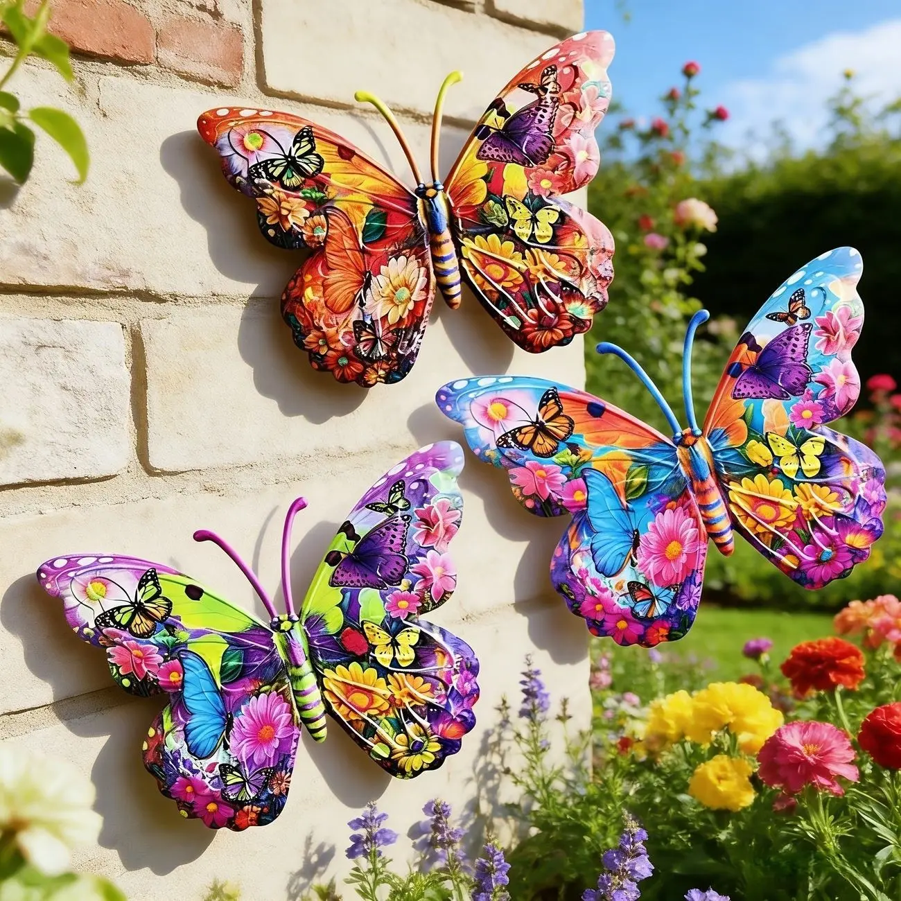 3pcs Iron Art 2D Colorful Cute UV Butterfly Wall Decor, Large Metal Butterfly Exterior Outdoor Indoor Ornament, Garden Courtyard Living Room Balcony Bar Home Decoration