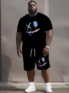 Men's Two-Piece Plus Size Short Sleeve Set, High Street Hip Hop Style, Gradient Ghost Face Print, Beachwear for Vacation and Daily Use