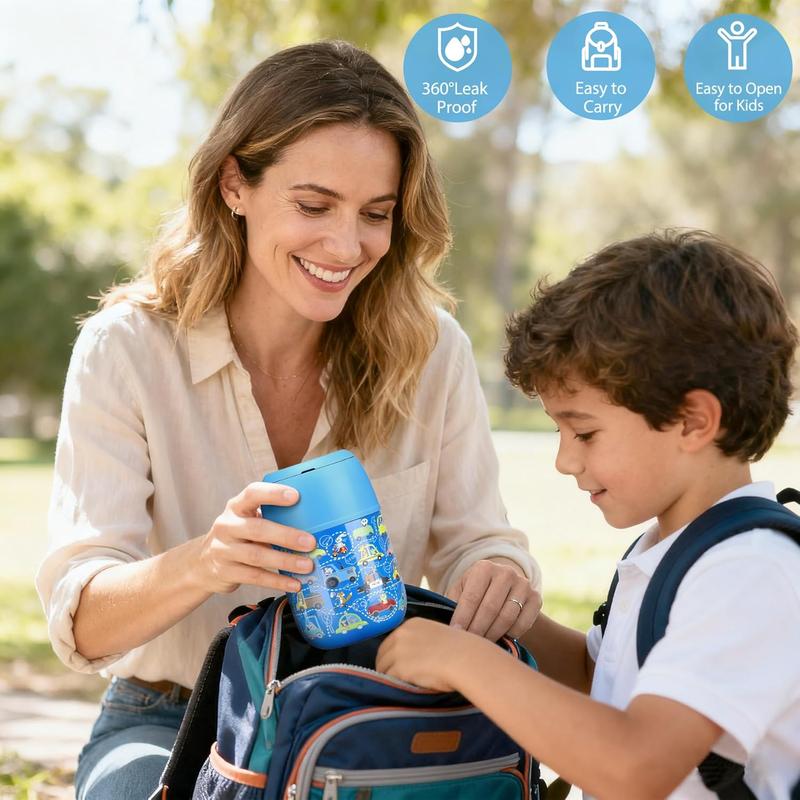 17 oz Insulated Lunch Containers Hot Food Jar, Wide Mouth Lunch Thermo for Kids Adults, Vacuum Stainless Steel Lunch Box With Handle Folding Spoon for School, Office (Blue Car)