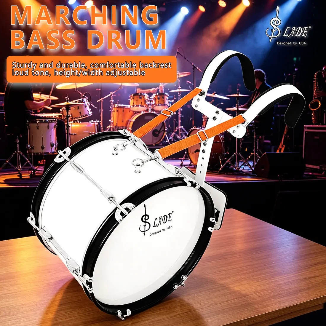 Slade L3126 Military Marching Bass Drum, 16x12 Inch, Ergonomic Carrying Stand, Ideal for Bands, Outdoor Performances, Beginners & Professionals