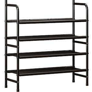 SORCEDAS Coat Rack Shoe Rack With Storage Shelf Freestanding with 8 Hooks for Entryway Bedroom Closet 4 Tier, Black