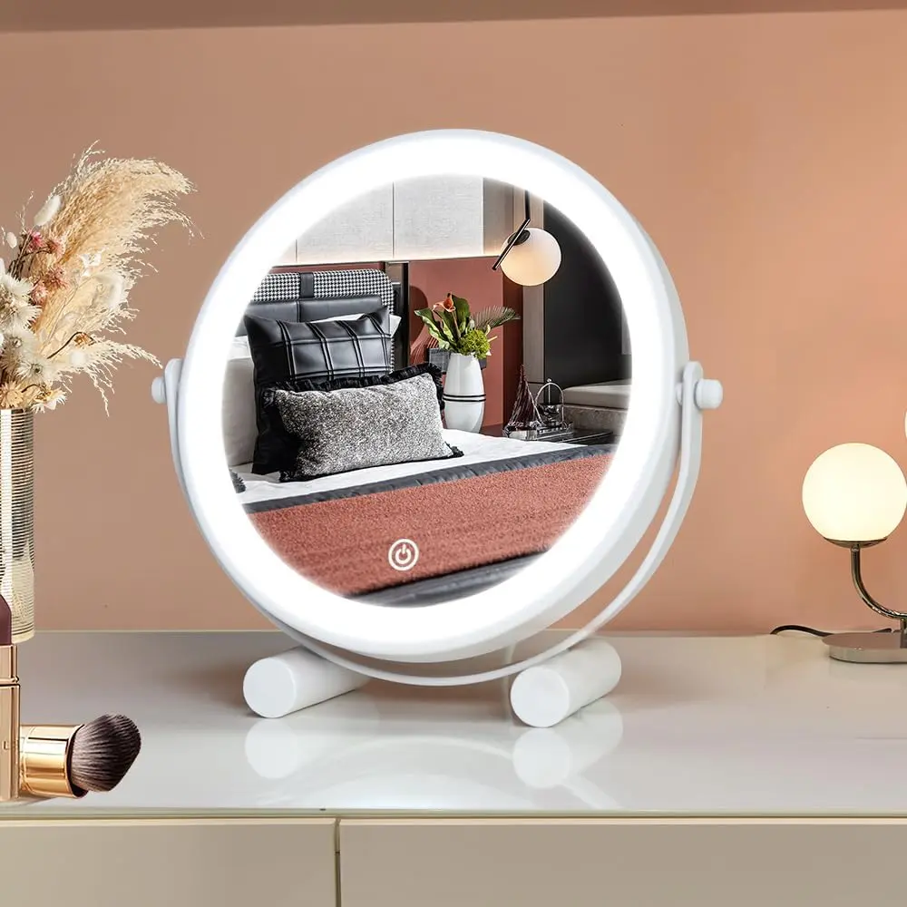 Travel aVanity Mirror with Lights, 8" Small LED Makeup Mirror with Lights,360°Rotation Dimmable Portable Desk Round Mirror for Dressing Room & Bedroom,Folding Stand, White