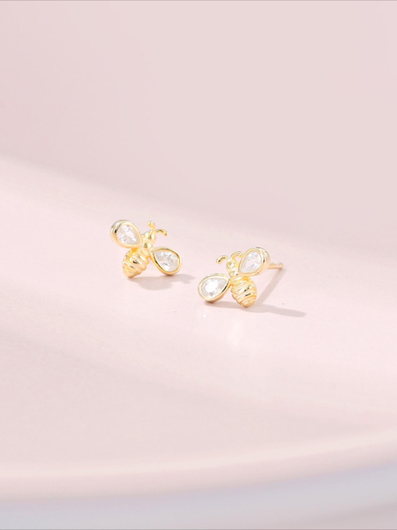 S925 Sterling Silver Cute Bee Design Stud Earrings, Fashionable Rhinestone Decor Earrings for Women & Girls, Trendy All-match & Exquisite Jewelry for Birthday Gift