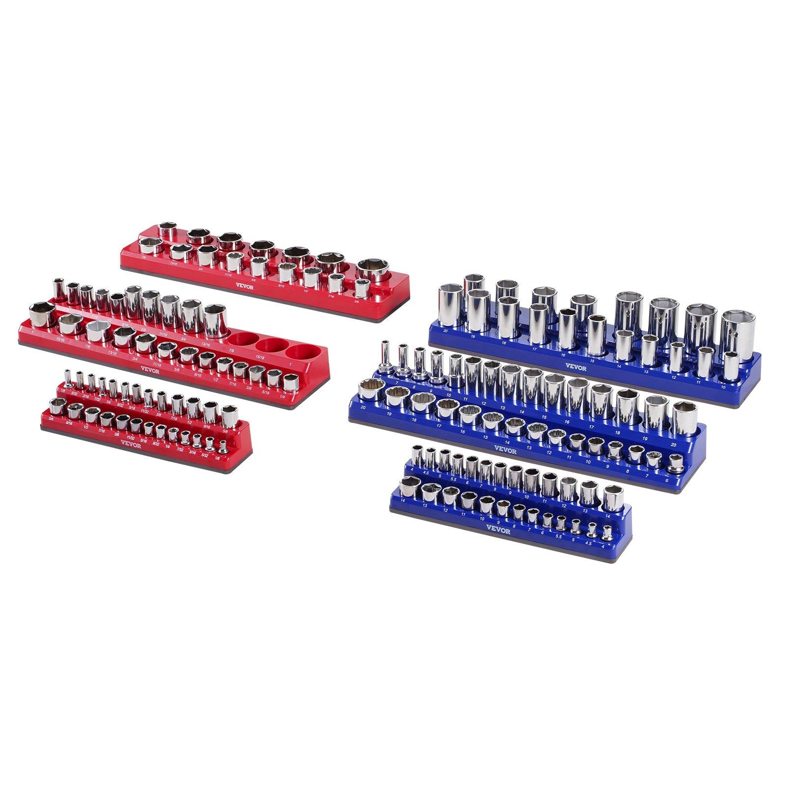 VEVOR Magnetic Socket Organizer Set, 6PCS Socket Holder, 1/4'', 3/8'' & 1/2'' Metric SAE Socket Trays with Clear Labels, Hold up to 143PCS Standard & Deep Sockets, Blue & Red (Sockets Not Included) VEVOR Magnetic Socket Organizer Set, 6PCS Socket Holder, 1/4'', 3/8'' & 1/2'' Metric SAE Socket Trays with Clear Labels, Hold up to 143PCS Standard & Deep Sockets, Blue & Red (Sockets Not Included)