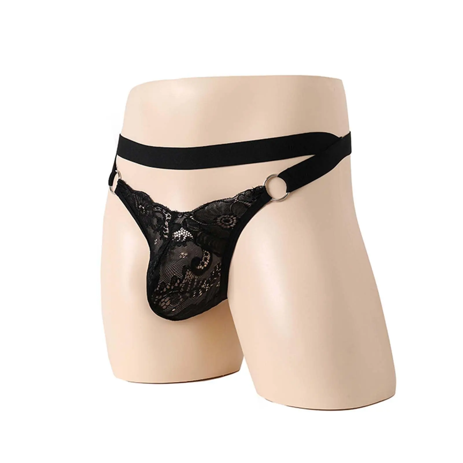 Men's Fashion Floral Lace Thong - Stretch Semi-Sheer Low-Rise G-String with Straps, Sweat-Resistant Menswear Underwear for Crossdressers, Hand Washable Lingerie Apparel