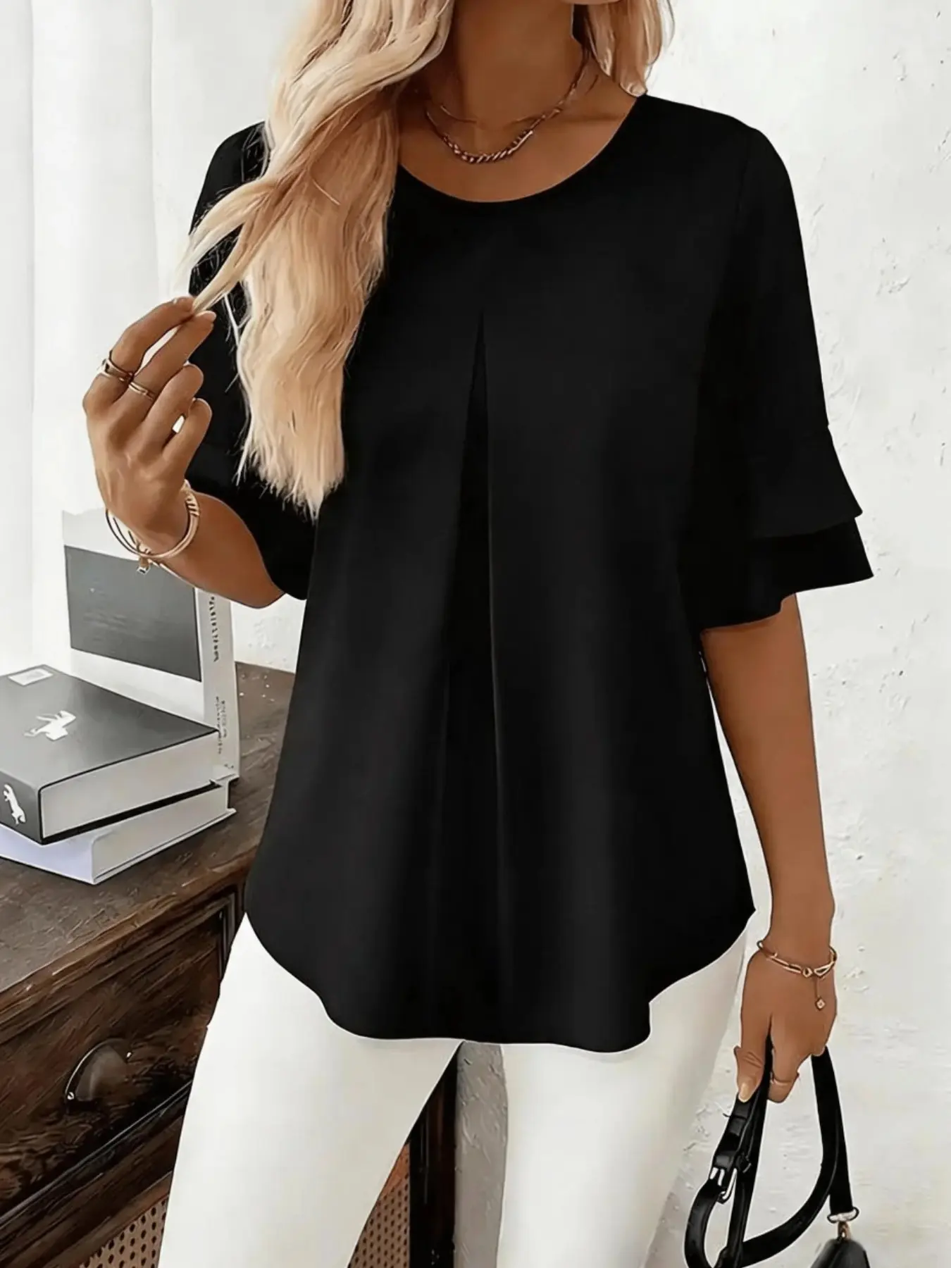 Womens Flare Sleeve Round Neck Tunic Top Front Pleat Casual Elegant Blouse for Work & Daily