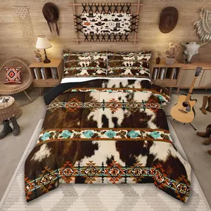 Brown  Queen Comforter Set,Bedding Set Aztec Duvet Insert,Farmhouse Wild Longhorn Skin Room Decor Cowboys Gifts for Men