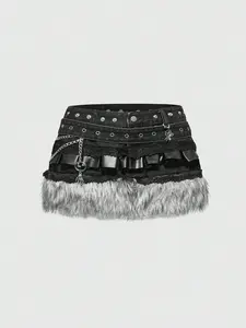 Y2K punk frayed spliced denim mini skirt. Low-rise design for edgy looks, decorated with lace, PU, frays and metal chains. Ideal for music festivals and parties.