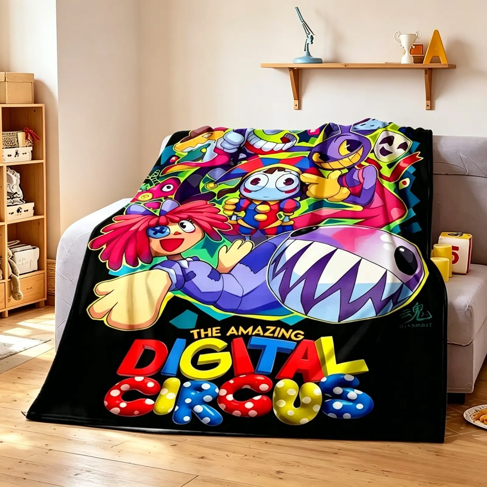 The Amazing Digital Circus Flannel Blanket Cartoon Character Print Soft Cozy Lightweight AC Throw Blanket Kids Teens Adults Sofa Bed Bedroom Living Room Office Travel Camping Movie Night Home Decor Gift Birthday Christmas Viral Animation Fan Blanket Multi
