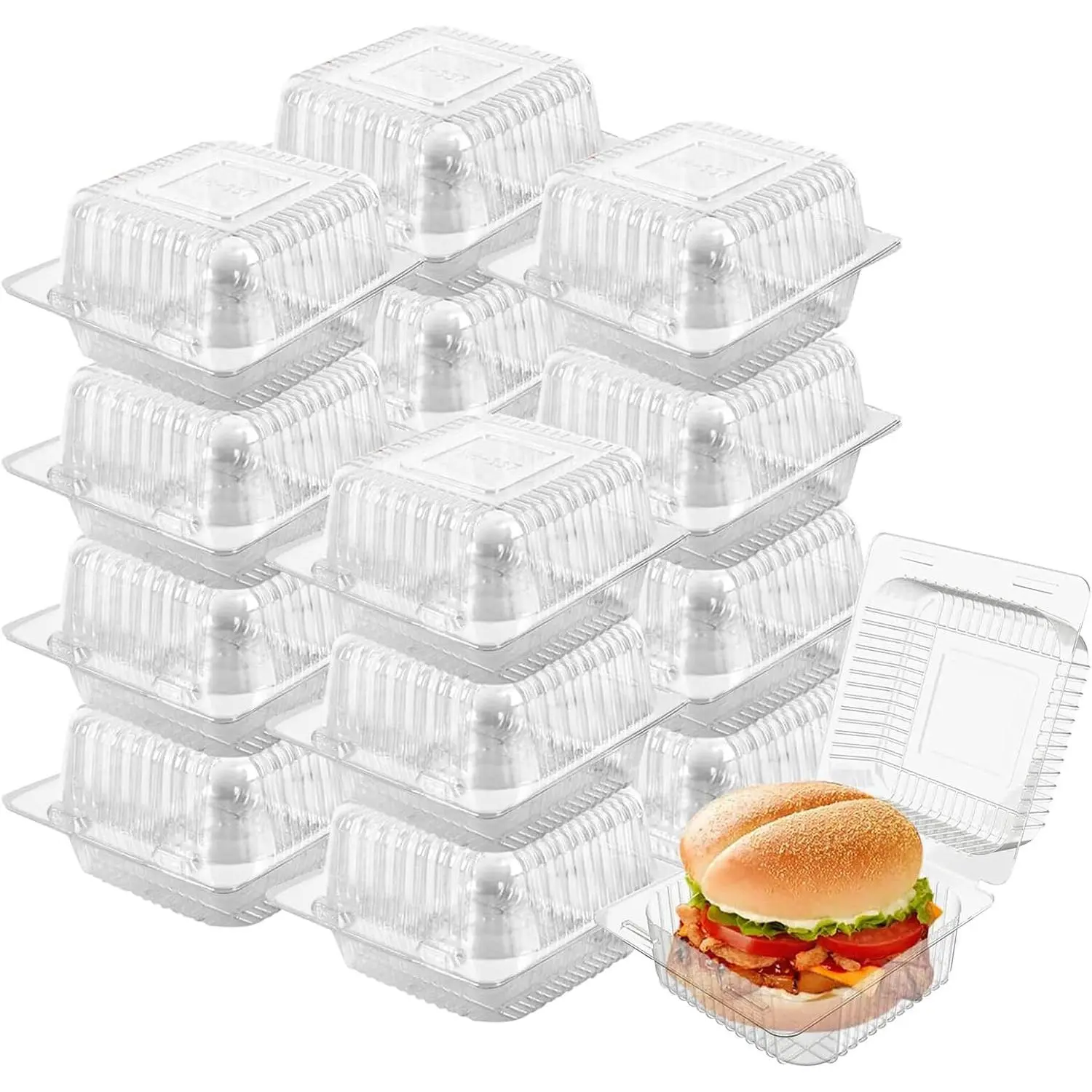 100 Pack 5*5 Inch Clear Hinged Plastic Clamshell Food Containers, Disposable Lidded Takeout Trays for Cakes, Desserts and Sandwiches