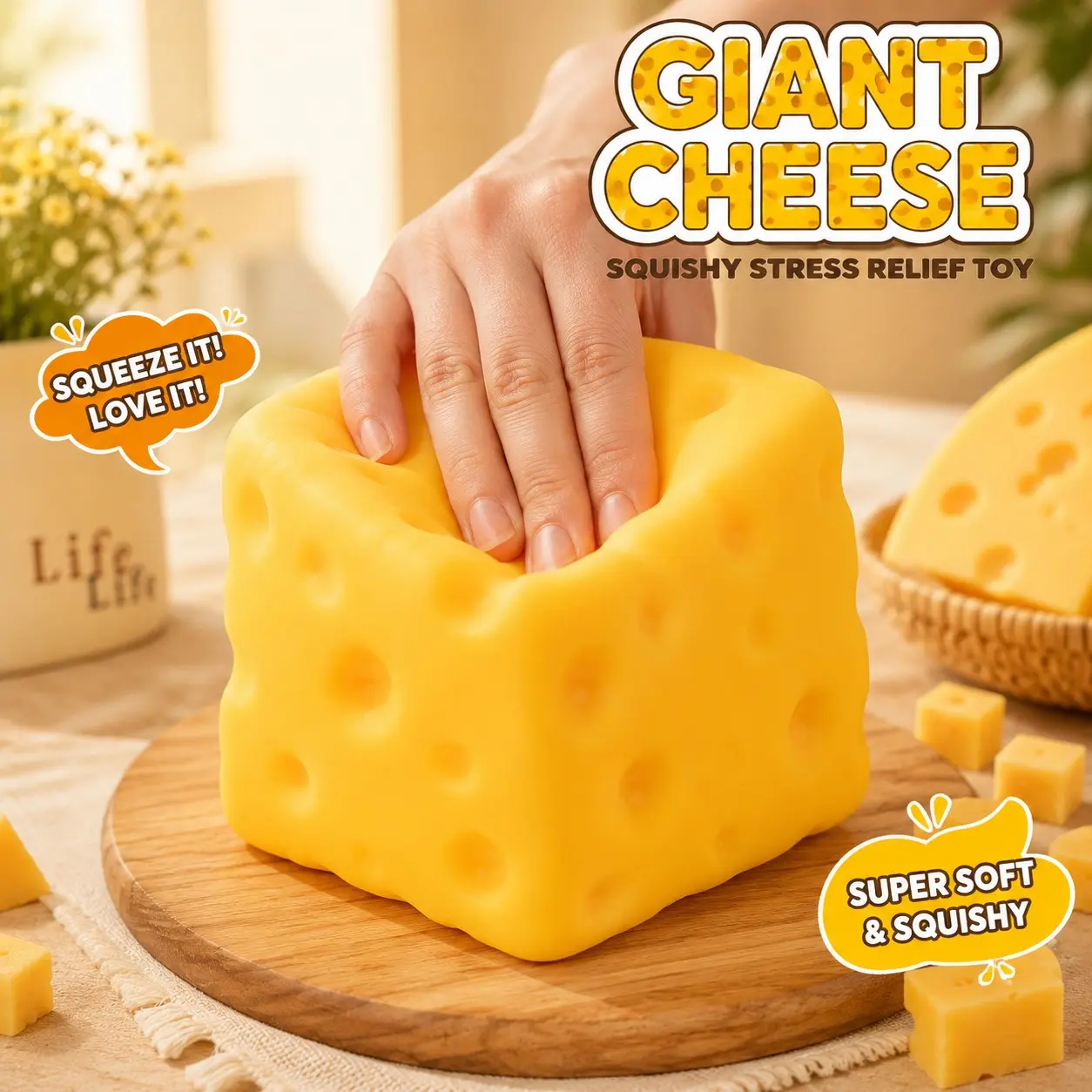 Giant Cheese Squeeze Toy 10cm, Squishy Cheese Block, Slow Rebound Soft Gel, Stress Relief Fidget Toy, Realistic Food Model, Adult Anxiety Relief, Creative Gift