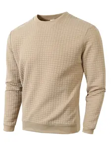 Men's Waffle Grid Crew Neck Long Sleeve Sweatshirt, Solid Color Textured Pullover Top, Soft Stretch Lightweight Casual Thermal Shirts for Daily Business Layering, Multi Colors Available