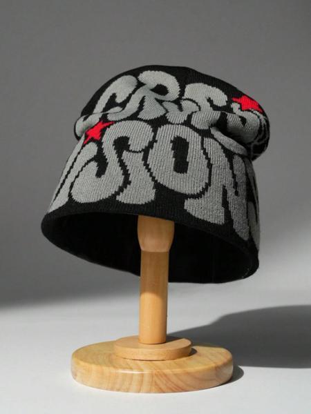 Men’s Letter Jacquard Spider Web Knit Hat Street Style Warm Beanie for Fall and Winter Fashionable Casual Winter Headwear