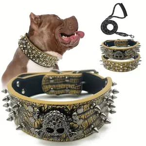 Spiked Studded Leather Dog Collar With Leash, Rivet PU Leather Dog Collar For Training, Walking