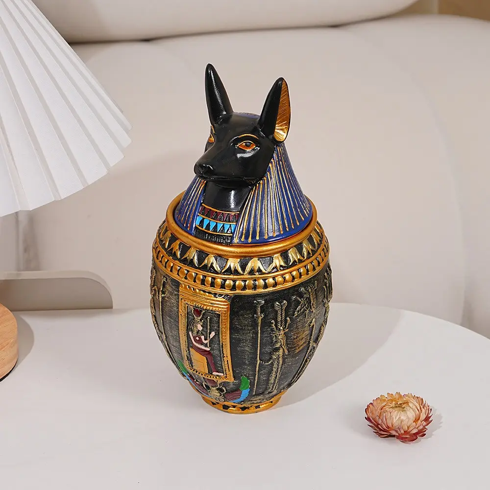 Ancient Egyptian Pharaoh Anubis Design Resin Pet Cremation Urn, Decorative Memorial Canopic Jar Statue Home Table Ornament, Ashes Storage Container For Deceased Cats & Dogs