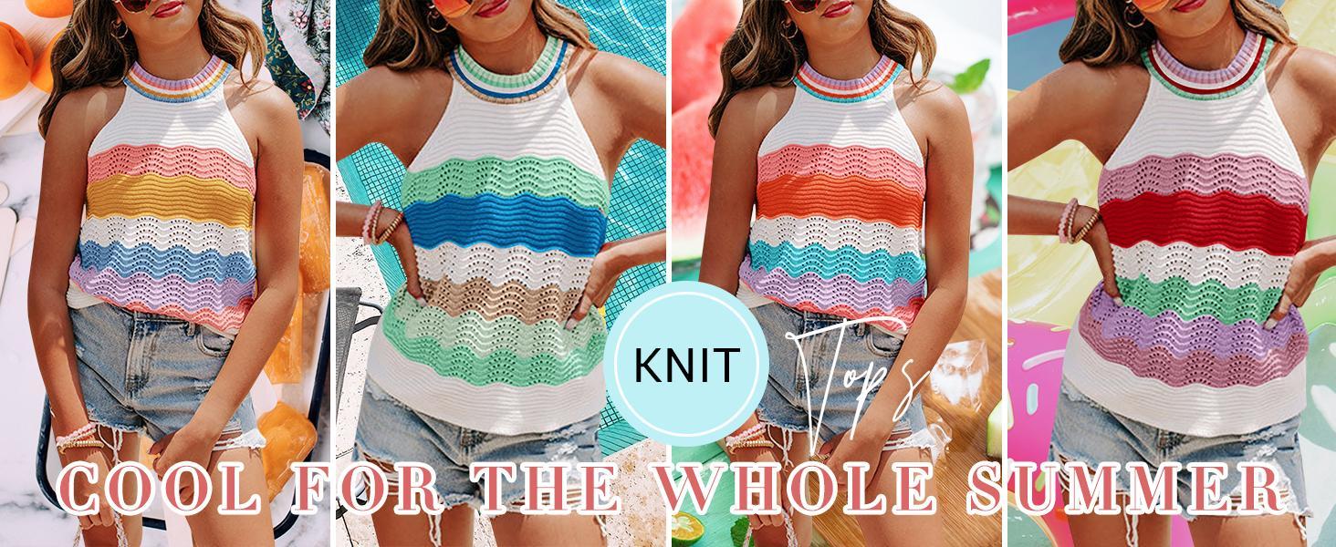 Imily Bela Women’s Halter Neck Sweater Vest Color Block Sleeveless Loose Knit Tank Top Summer Cute Casual dressy tops Cami Comfort tank tops