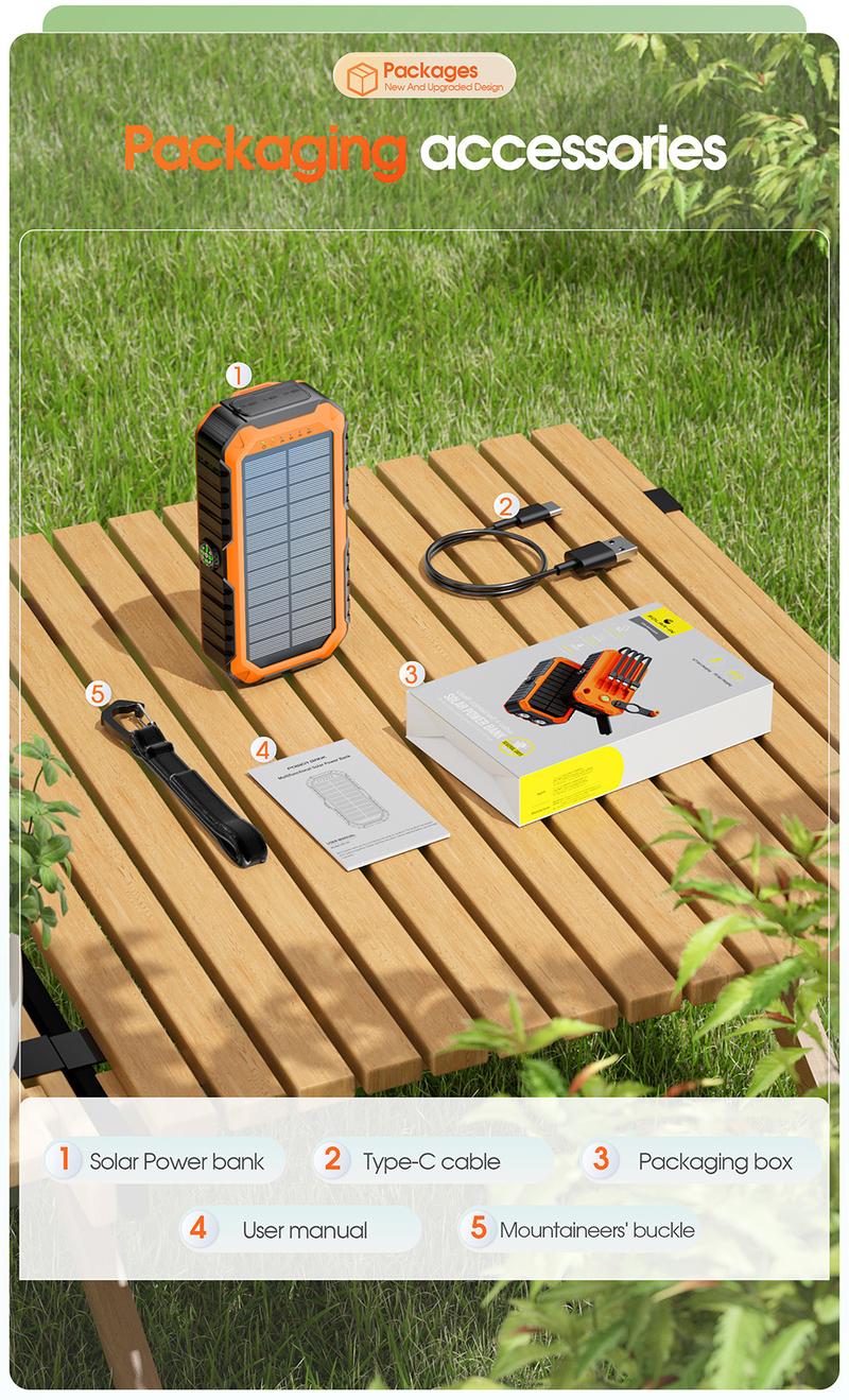 Solar Charger Power Bank 40000mAh with Hand Crank & Built-in 4 Cables, Portable Phone Charger & Solar Power Bank, 22.5W Fast Charging, 6 Outputs & 4 Inputs, Flashlight & Compass for Outdoors