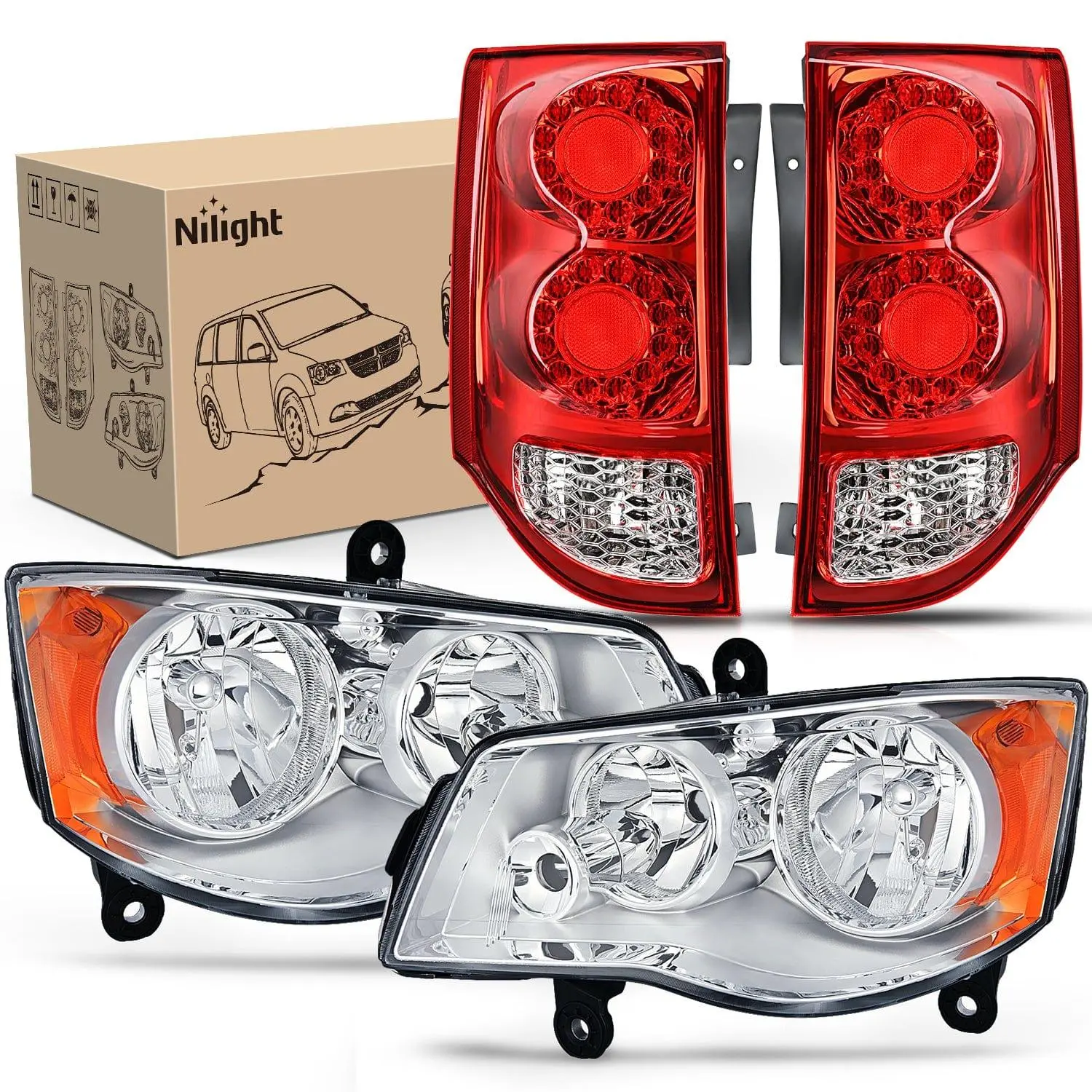 Nilight Pre-Assembled Headlight & Taillight Lighting Combo, OE-Style Chrome Housing with Amber Reflector, Red Housing Taillights, Compatible with 2011-2020 Dodge Grand Caravan, Road Legal Automotive Car Lights