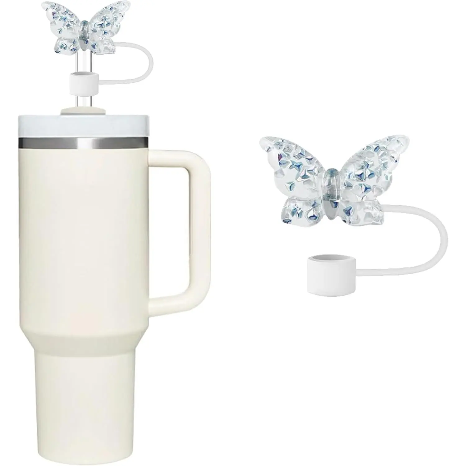 Synthetic Cup Covers for 30oz & 40oz Tumblers - White Butterfly Straw Toppers, Seal Tight Cup Shaped Cap Drinkware Accessories