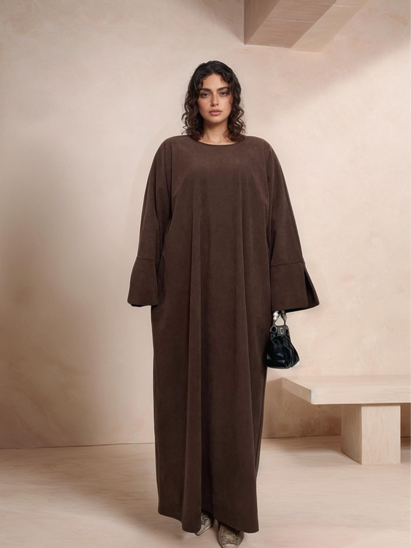 Women's Solid Color Split Sleeve Corduroy Robe, Modest Long Sleeve Round Neck Robe for Fall & Winter, Women's Islamic Clothing for Daily Wear, Modest Muslim Outfits