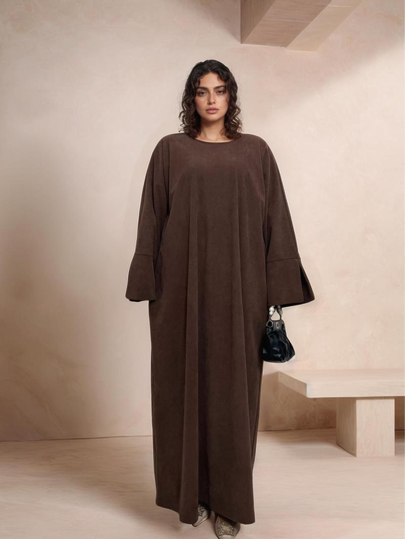 Women's Solid Color Split Sleeve Corduroy Robe, Modest Long Sleeve Round Neck Robe for Fall & Winter, Women's Islamic Clothing for Daily Wear, Modest Muslim Outfits