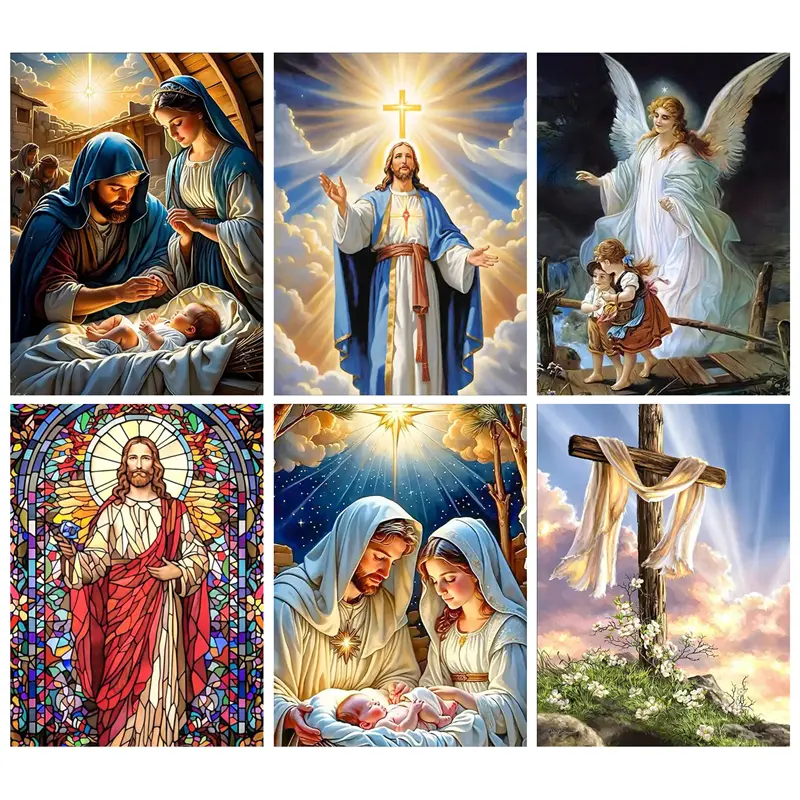 5D Full Drill Acrylic Diamond Painting Kit, Christian Religious Holy Family Jesus Angel Cross Faith Art, DIY Rhinestones Canvas for Home Wall Decor, Spiritual Church Themed Decoration
