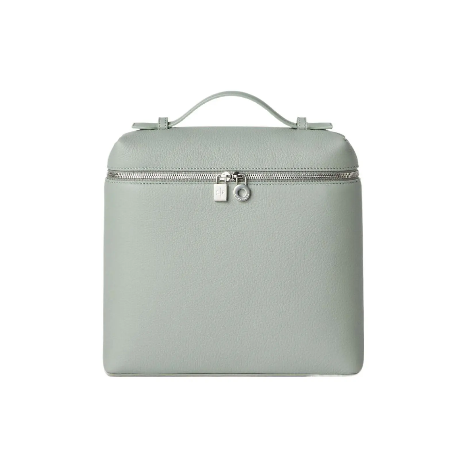 Loro Piana ExtraPocket L23.5 Backpack with Silver Logo Buckles and Dual Zippers – Women’s Tofu-Shaped Shoulder Bag in Eucalyptus Calf Leather