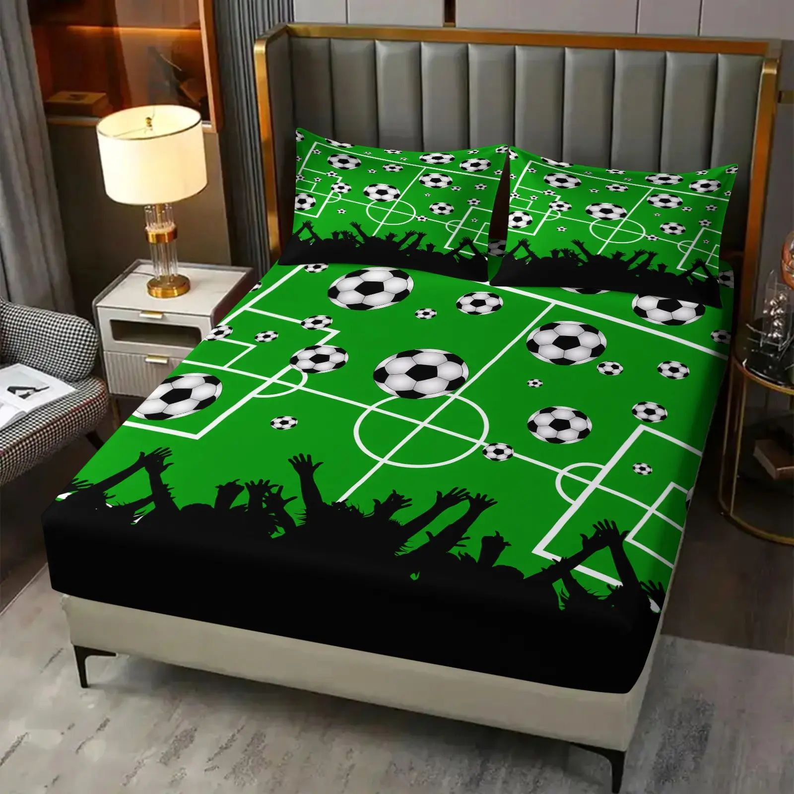 Football Fitted Sheet,Soccer Bedding Sets 3 Pcs for Teens Room Decor,Ball Sport Games Bed Sheets Modern Green Deep Pocket Sheet With 2 Pillowcase