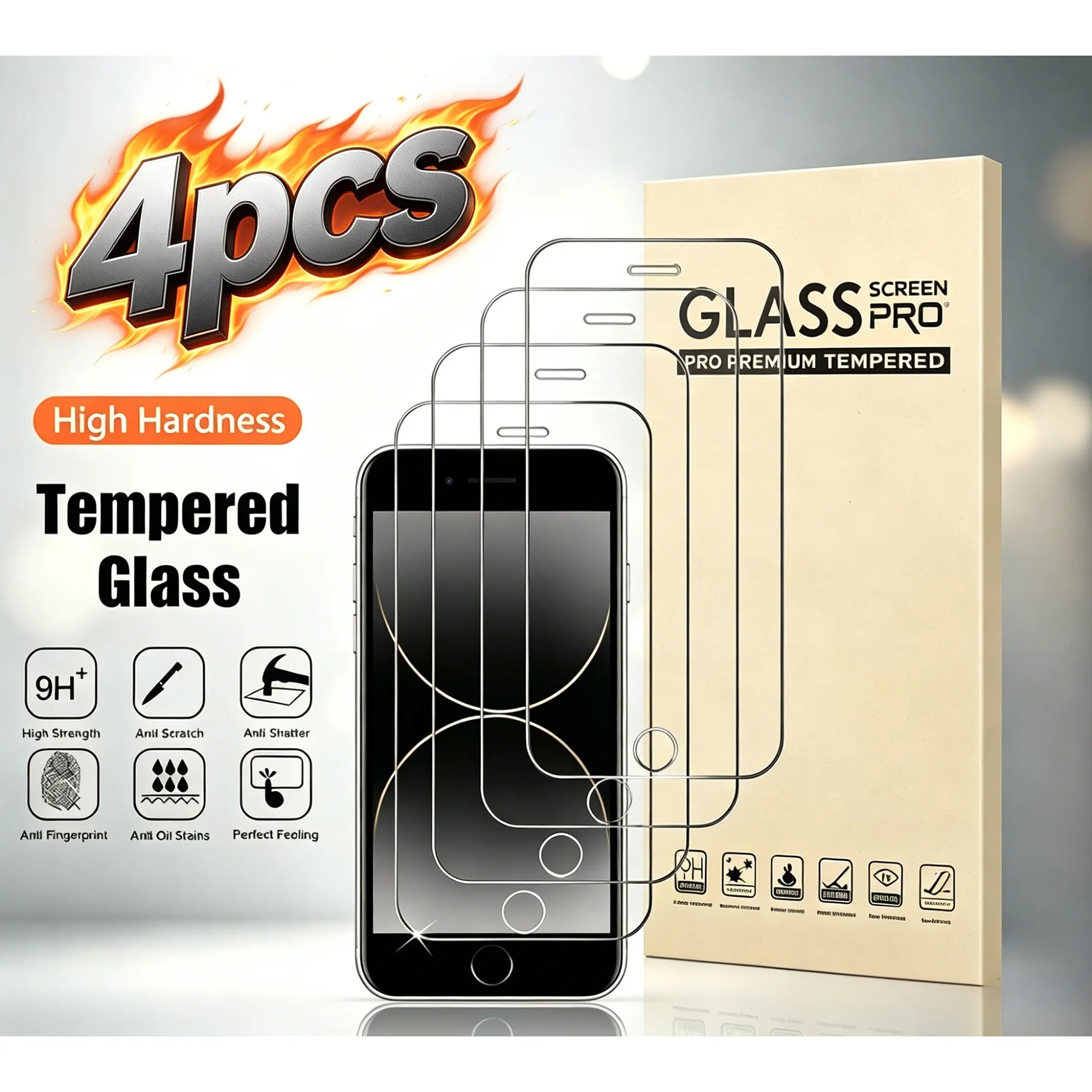 4-Pack Apple Home Button Full Screen HD Tempered Glass Film, Compatible with iPhone 7/8/se2/se3, 9h Hardness, Anti-Scratch, Oil Repellent
