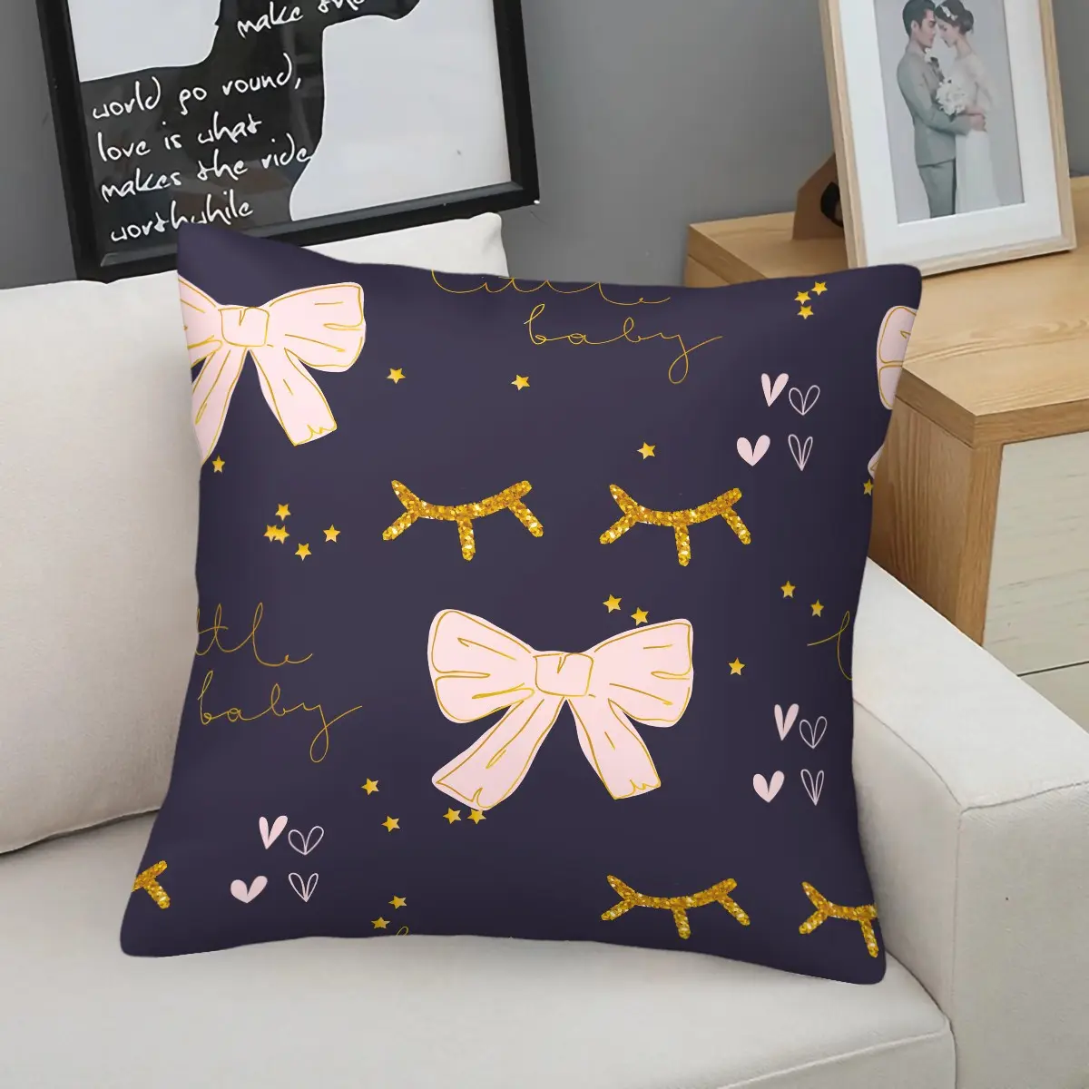 Coquette Little Baby Bow Throw Pillow, Cute Star Heart Eyelash Print Cushion, Trendy Girly Aesthetic Accent Pillow, Includes Pillow Core, Soft Cozy Decorative Pillow for Bedroom, Couch, Sofa, Dorm, Nursery, Perfect Home & Holiday Gift for Girls Teens Wome