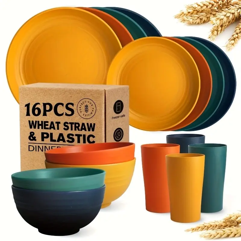 32/16Pcs Wheat Straw Dinnerware Sets for 8 People, Black Plastic Plates & Bowls Set, Microwave & Dishwasher Safe, Durable Tableware for Valentine's Day Party Use