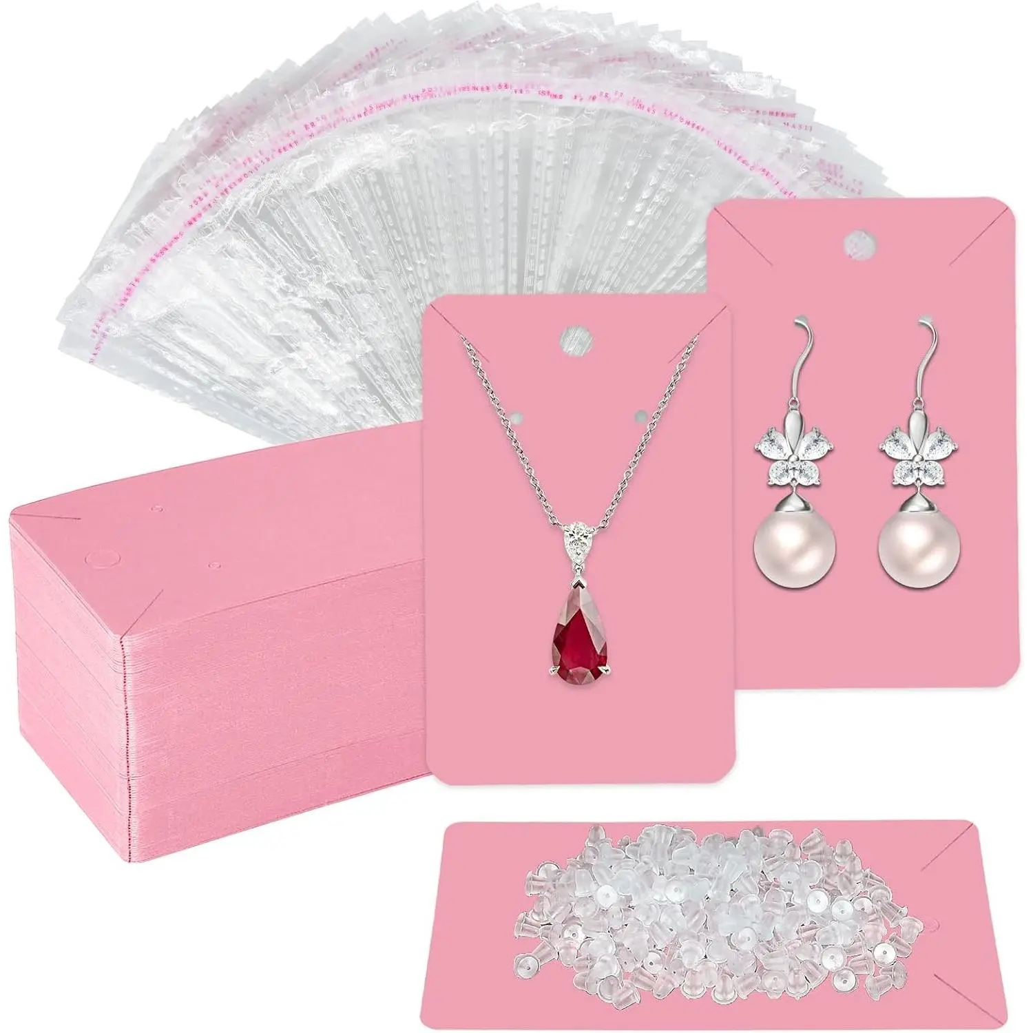 100Pcs Pink Earring Display Cards Set Includes 100 Earring Holder Cards, 200 Ear Backs and 100 Jewelry Packaging Bags for Necklace Jewelry Display, 3.5" x 2.3" Inches