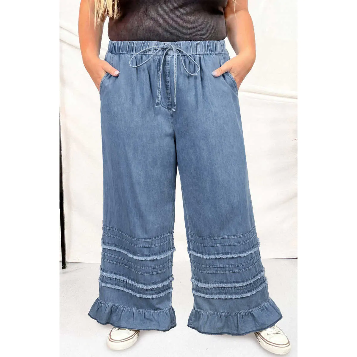 Plus Size Boho Wide Leg Denim Pants with a Tiered Frayed Ruffle Hem, Soft Cotton Fabric, and an Adjustable Drawstring, Feminine, Bottom, Casual, Fit