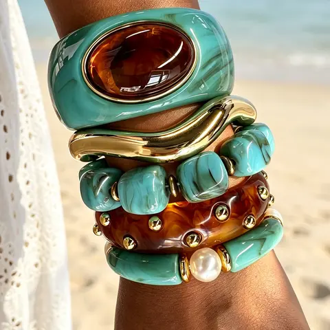 5 Pcs Women's Beaded Bracelet Set, Boho Style Turquoise Geometric Cuff Zinc Alloy Elegant Fashion Jewelry for Party, Beach, Birthday Gifts