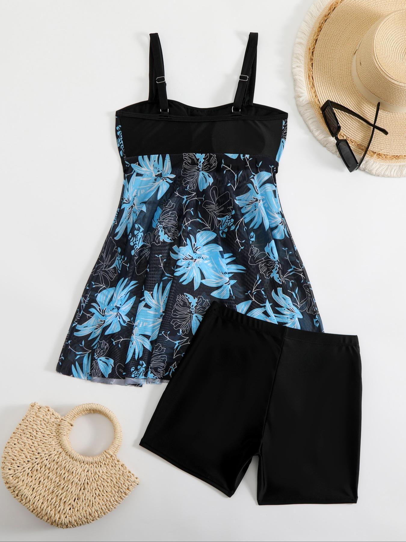 Women's Floral Print Tankini Set, Casual Sleeveless Swim Top & High Waist Swim Bottom Swimsuit for Beach Holiday Vacation, Ladies Swimwear for All Seasons, Tankini Outfit, Floral Pattern Tankini, Tankini Bathing Suits