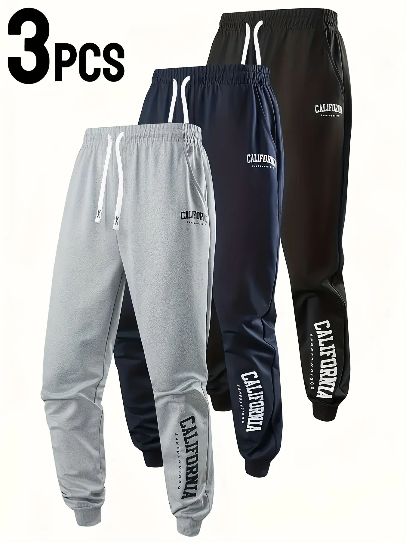 Large Size Men's 3-Pack Plus Size California Letter Print Drawstring Waist Streetwear Long Pants, Casual Loose-Fit Spring & Fall