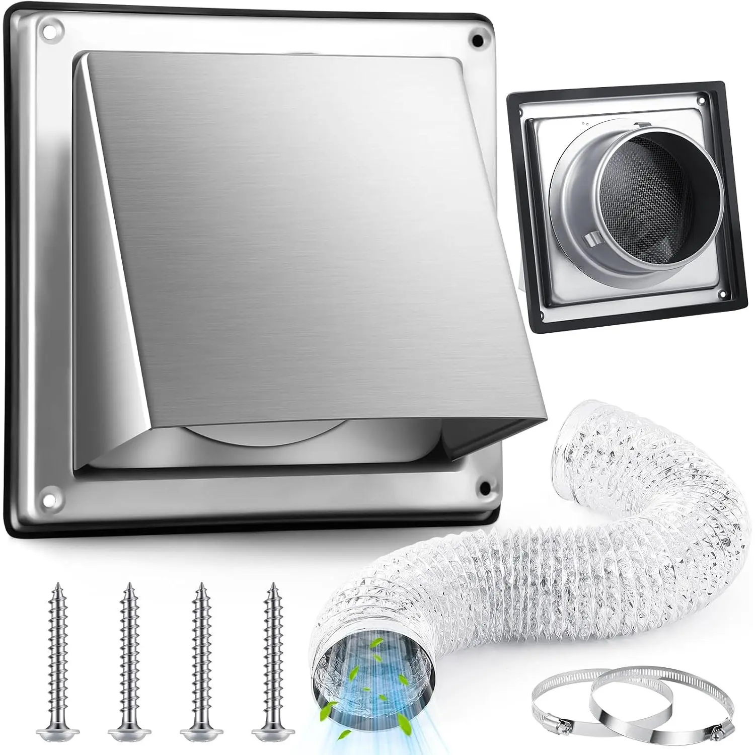 4 in Dryer Vent Kit with Stainless Steel Fine Mesh Wall Mount Extractor Vent Cover, Non-Return Flap, Exhaust Fan Duct for Anti-Bird Protection, Bathroom Ceiling Washer Air Circulation