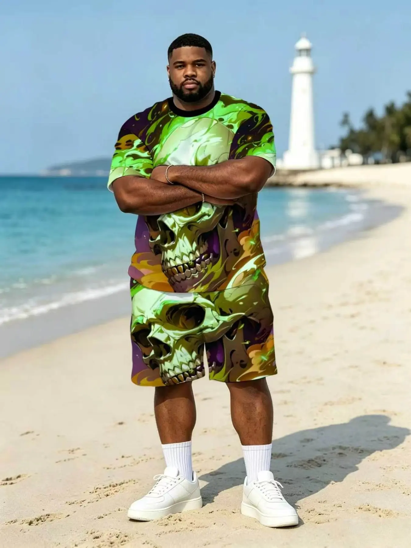 Men's Neon Flame Skull Print Short Sleeve Top and Shorts Set, Loose Fit Beach Vacation Streetwear, Casual Summer