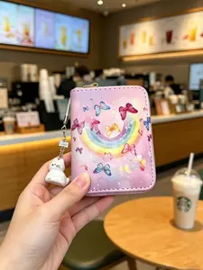 Watercolor Rainbow Butterfly Print Small Wallet, Cute Cat Pendant, Soft Multi-Card Holder, Adorable Kitty Charm Coin Purse