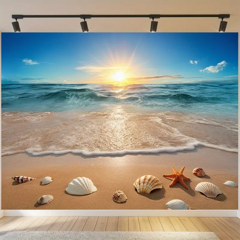 2D Flat Beach Sunrise Banner | Single-Sided Polyester | Metal Grommets for Easy Hanging | Peaceful Coastal Wall Decor for Living Room, Bedroom, Beach House, Summer Party & Photography Backdrop