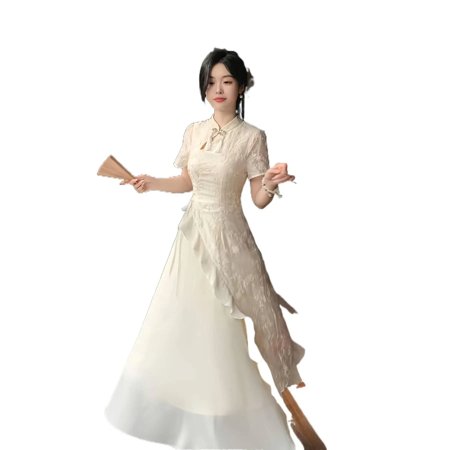 Women's Traditional Tassel Embroidery Minimalist Qipao Dress - Women's Clothes, Summer Basic, Irregular Waist-Cinched Maxi, Chinese Style, Elegant Casual for Party, Vacation Photoshoot