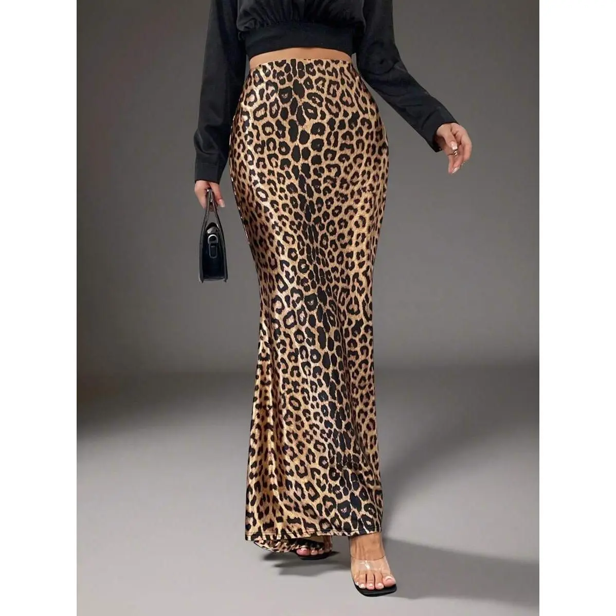 Elegant Leopard Print Maxi Skirt, Women's Skinny Fit Stretch Polyamide Mermaid Bottoms for Night Out, Night Wear, Mermaid Cut, Dry Clean
