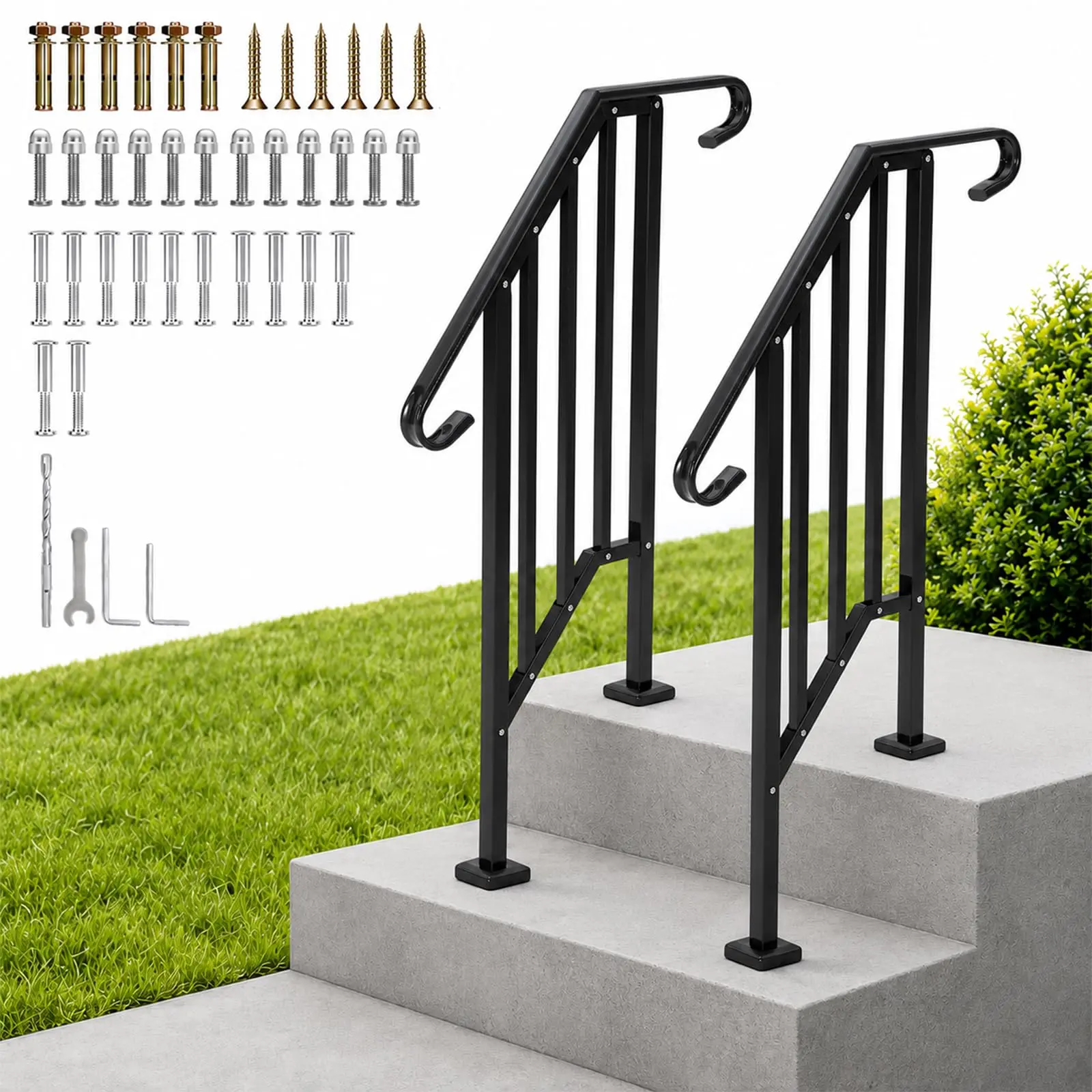 2 Pack Heavy Duty Steel Outdoor Handrails for 2 Step Stairs Black Porch Deck Railing Kit with Safety Balusters for Elderly DIY Installation