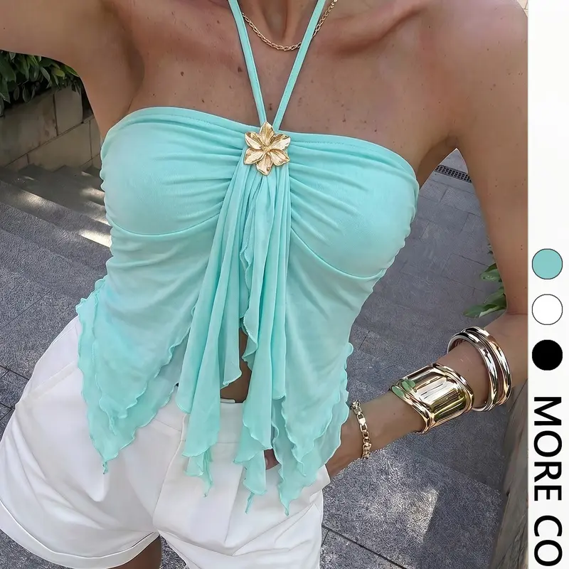 1pc Coquette Elegant Chic Summer Top, Ruffled Hem for Beach & Date Nights, Summer Tops Trendy